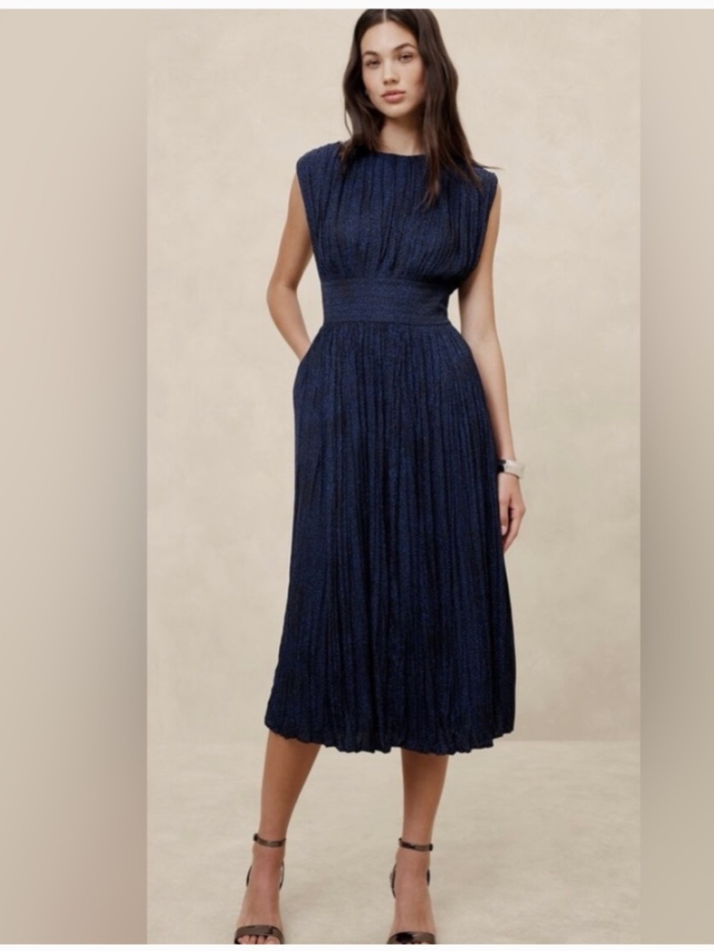 NWT Banana Republic Midi Pleated Cocktail Black Dotted Fit and Flare Dress